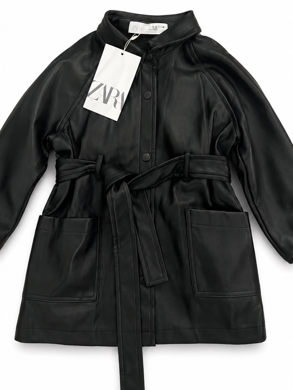 Zara Kids Black Faux Leather Belted Trench Coat Jacket NWT 12-18 Months